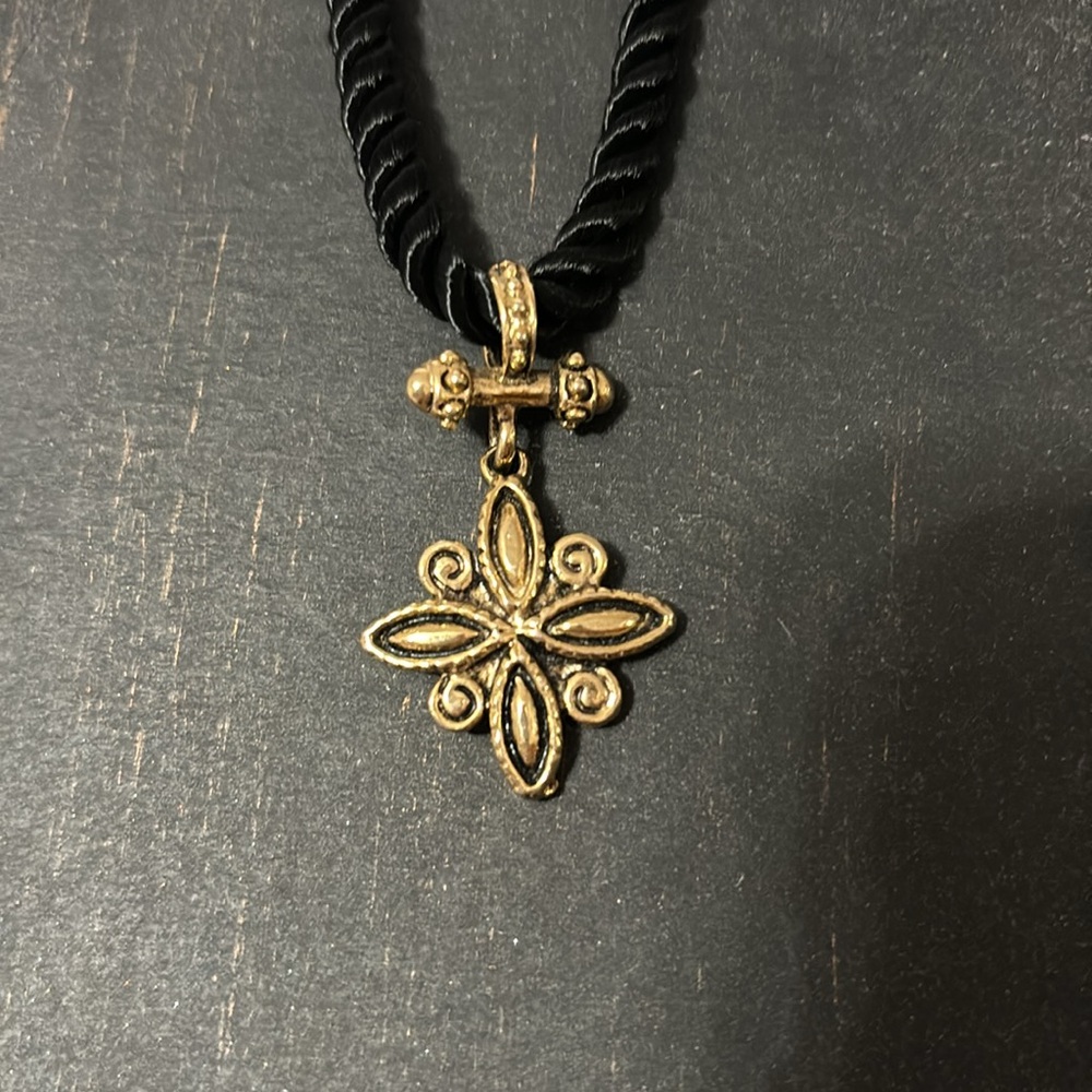 16 inch black silk cord necklace with gold tone medallion - Picture 4 of 5